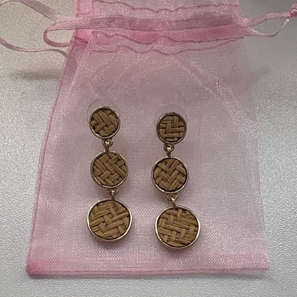 Gold-Tone Woven Triple Drop Earrings - Natural Straw Inlay